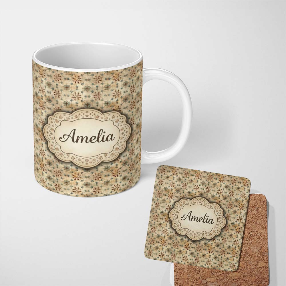 Personalized Custom Name Elegant Floral Vintage Pattern in Soft Neutral Tones Seamless Name 11oz Ceramic Coffee Tea Mug White Large Handle