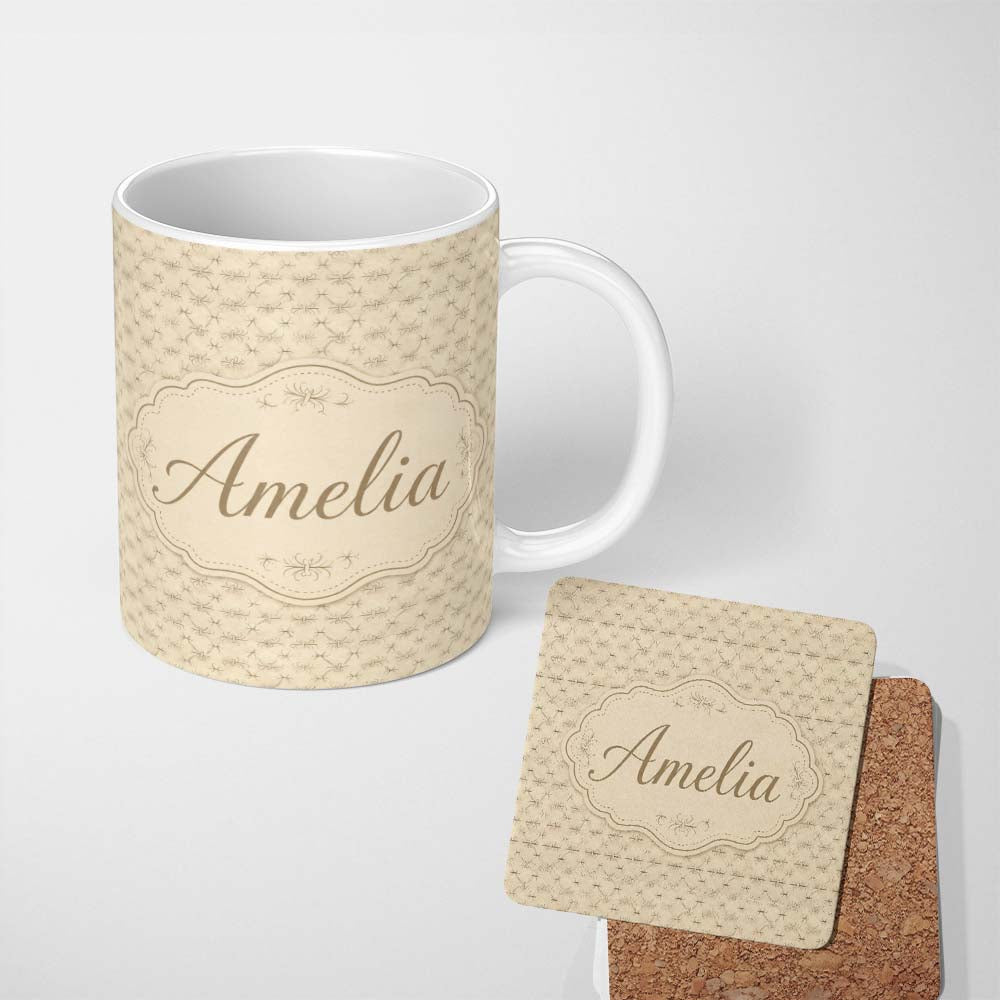 Personalized Custom Name Minimal Spider Line Art Pattern on Vintage Beige Background 11oz Ceramic Coffee Tea Mug White Large Handle