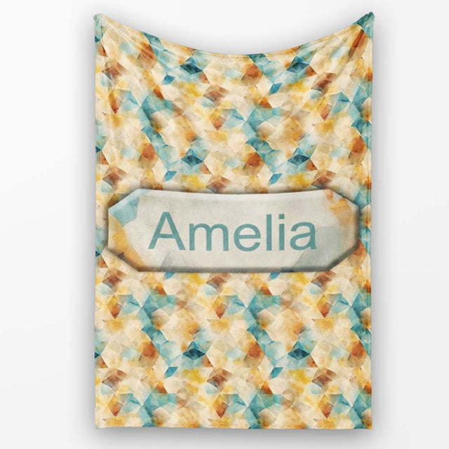 Abstract Geometric Watercolor Shapes in Soft Blue and Orange  Personalised Custom Name Super Soft Fleece Blanket Bed Sofa Throw