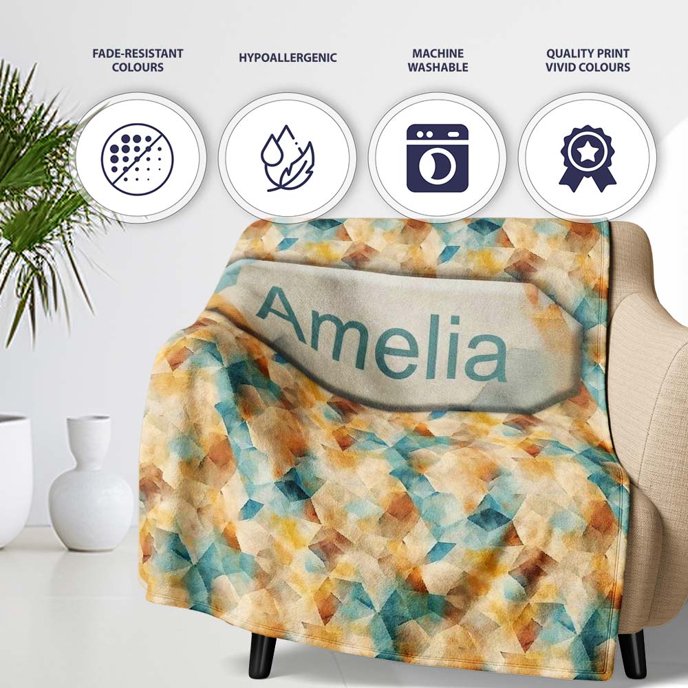 Abstract Geometric Watercolor Shapes in Soft Blue and Orange  Personalised Custom Name Super Soft Fleece Blanket Bed Sofa Throw