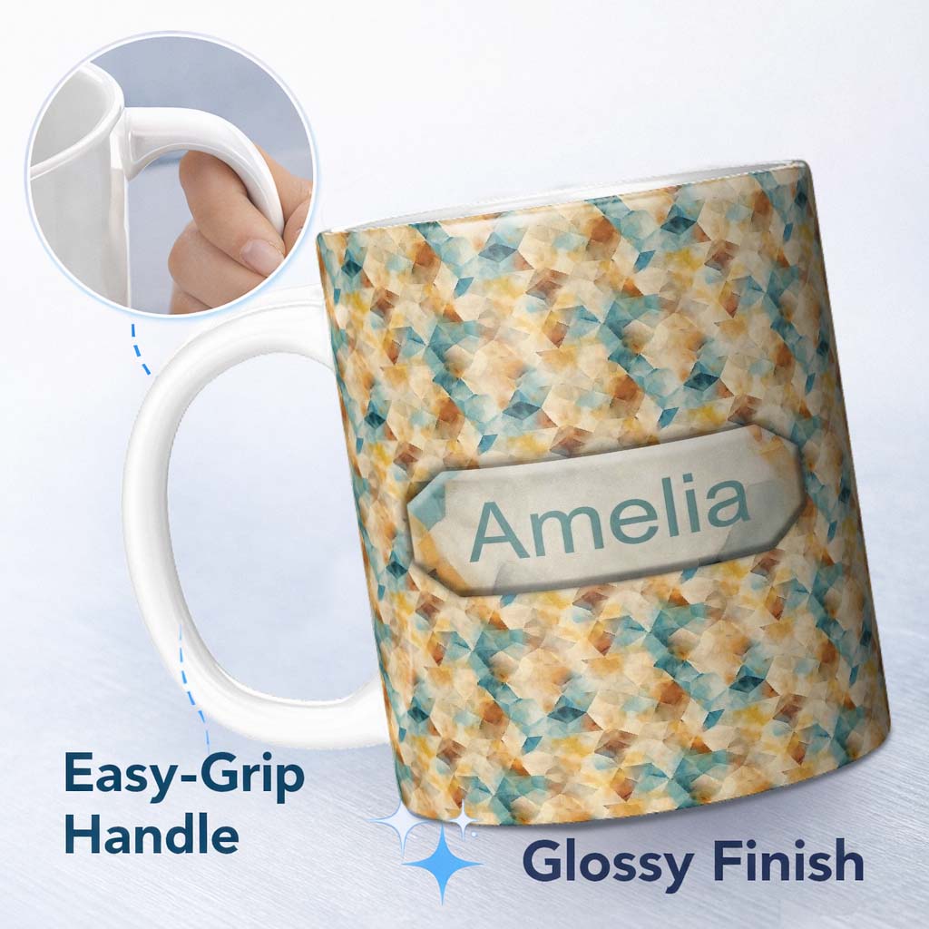 Personalized Custom Name Abstract Geometric Watercolor Shapes in Soft Blue and Orange 11oz Ceramic Coffee Tea Mug White Large Handle