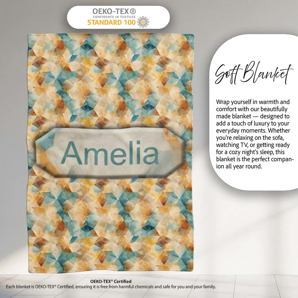 Abstract Geometric Watercolor Shapes in Soft Blue and Orange  Personalised Custom Name Super Soft Fleece Blanket Bed Sofa Throw