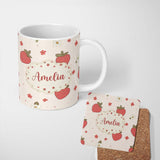 Personalized Custom Name Cute Strawberry and Floral Pattern on Soft Neutral Background 11oz Ceramic Coffee Tea Mug White Large Handle