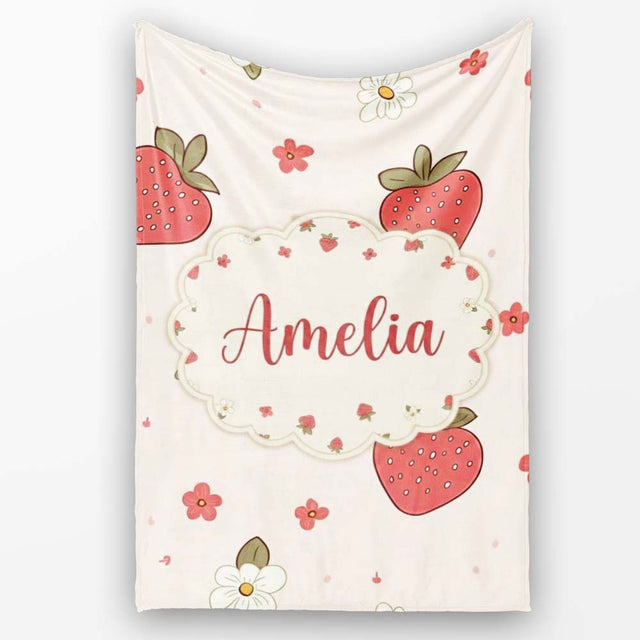 Cute Strawberry and Floral Pattern on Soft Neutral Background  Personalised Custom Name Super Soft Fleece Blanket Bed Sofa Throw