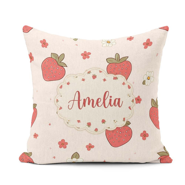 Custom Name Cute Strawberry and Floral Pattern on Soft Neutral Square Filled Cushion Throw Pillow Sofa Bed Home Decor Zip Washable UK Made