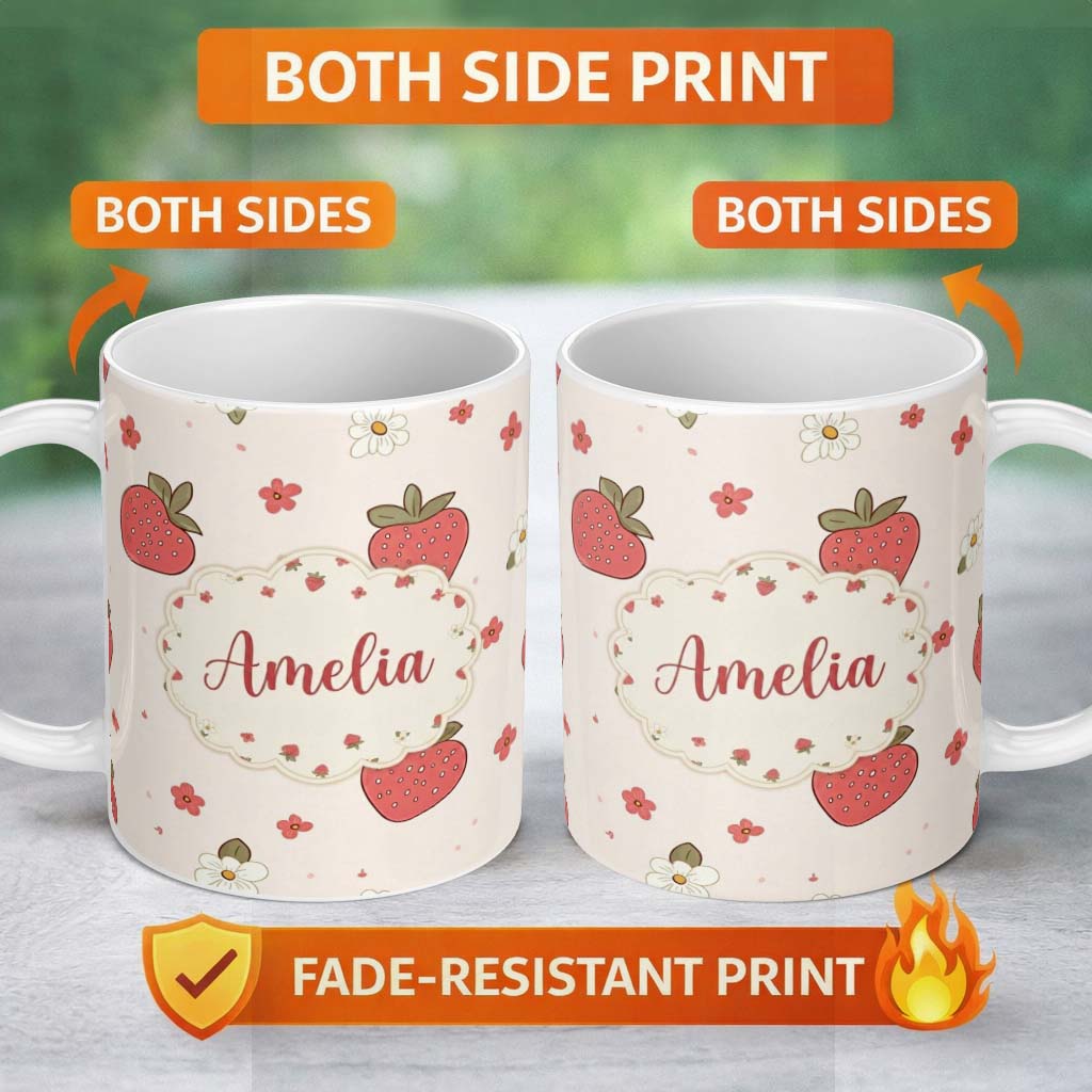 Personalized Custom Name Cute Strawberry and Floral Pattern on Soft Neutral Background 11oz Ceramic Coffee Tea Mug White Large Handle