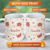 Personalized Custom Name Cute Strawberry and Floral Pattern on Soft Neutral Background 11oz Ceramic Coffee Tea Mug White Large Handle