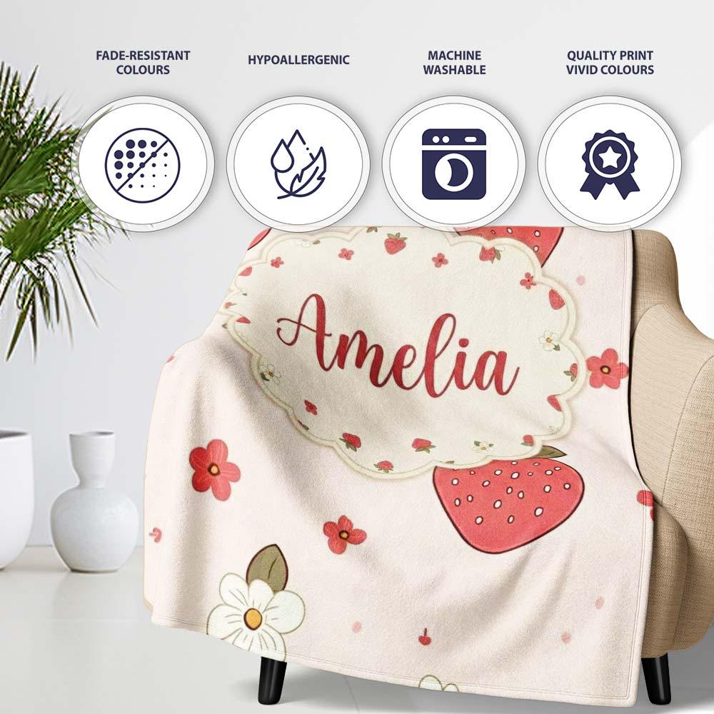 Cute Strawberry and Floral Pattern on Soft Neutral Background  Personalised Custom Name Super Soft Fleece Blanket Bed Sofa Throw
