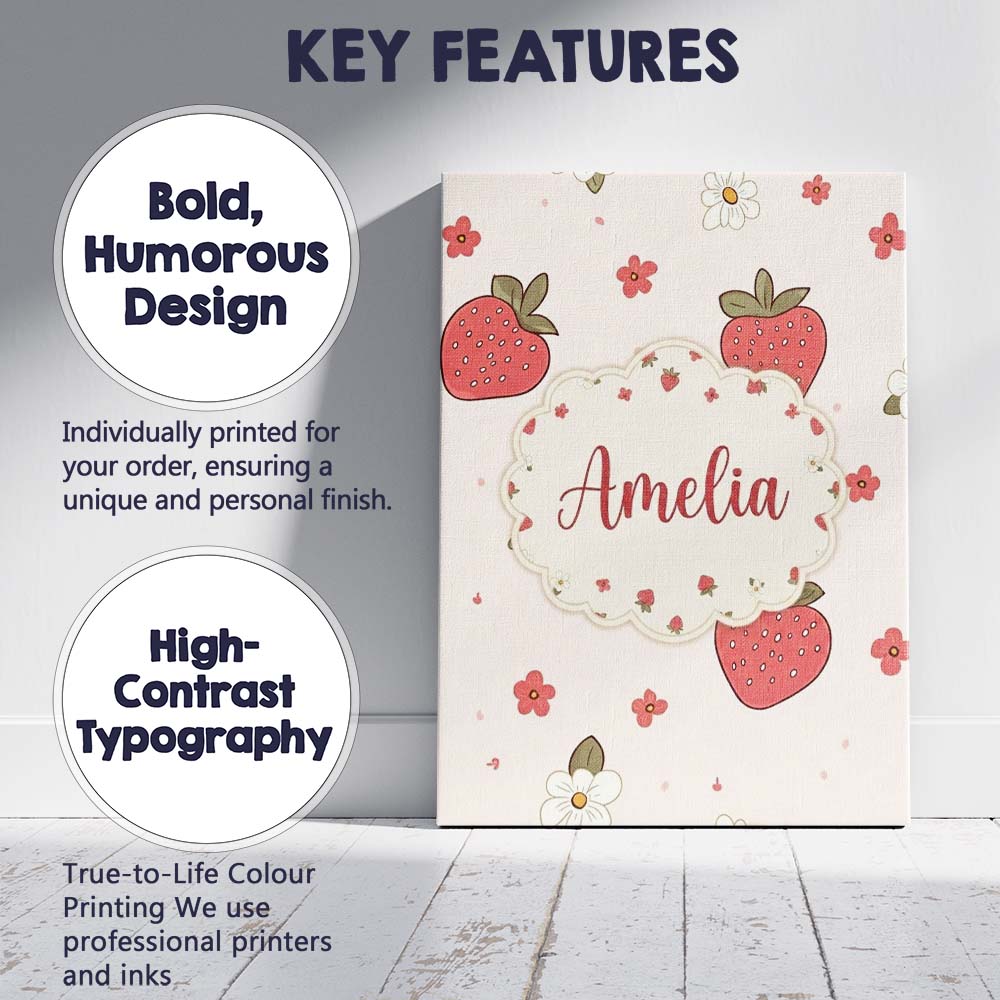 Personalised Name Cute Strawberry and Custom Modern Room Accent Creative Decorator Style Canvas Wall Art Print Decor Picture Ready to Hang
