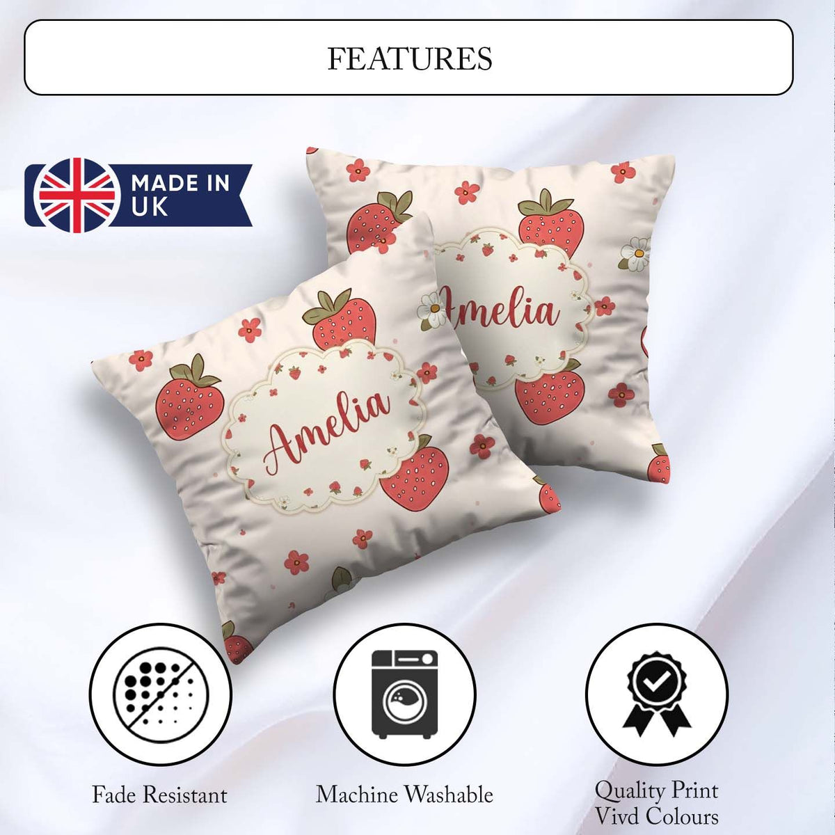 Custom Name Cute Strawberry and Floral Pattern on Soft Neutral Square Filled Cushion Throw Pillow Sofa Bed Home Decor Zip Washable UK Made