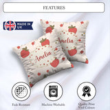 Custom Name Cute Strawberry and Floral Pattern on Soft Neutral Square Filled Cushion Throw Pillow Sofa Bed Home Decor Zip Washable UK Made