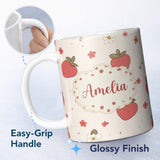 Personalized Custom Name Cute Strawberry and Floral Pattern on Soft Neutral Background 11oz Ceramic Coffee Tea Mug White Large Handle