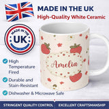 Personalized Custom Name Cute Strawberry and Floral Pattern on Soft Neutral Background 11oz Ceramic Coffee Tea Mug White Large Handle