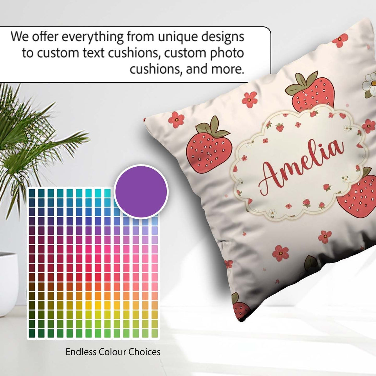 Custom Name Cute Strawberry and Floral Pattern on Soft Neutral Square Filled Cushion Throw Pillow Sofa Bed Home Decor Zip Washable UK Made