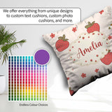 Custom Name Cute Strawberry and Floral Pattern on Soft Neutral Square Filled Cushion Throw Pillow Sofa Bed Home Decor Zip Washable UK Made
