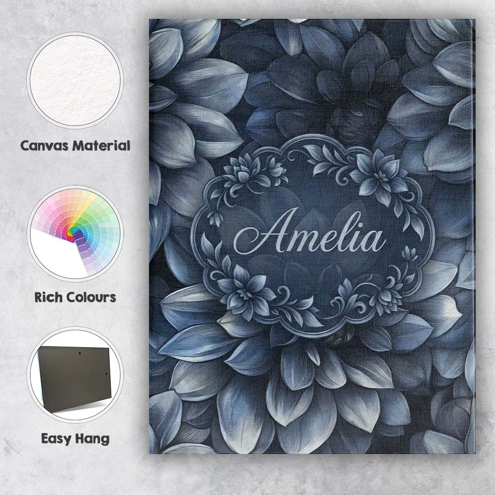 Personalised Name Monochrome Dark Blue Custom  Modern Room Accent Elegant Feature Canvas Wall Art Print Decor Picture Ready to Hang