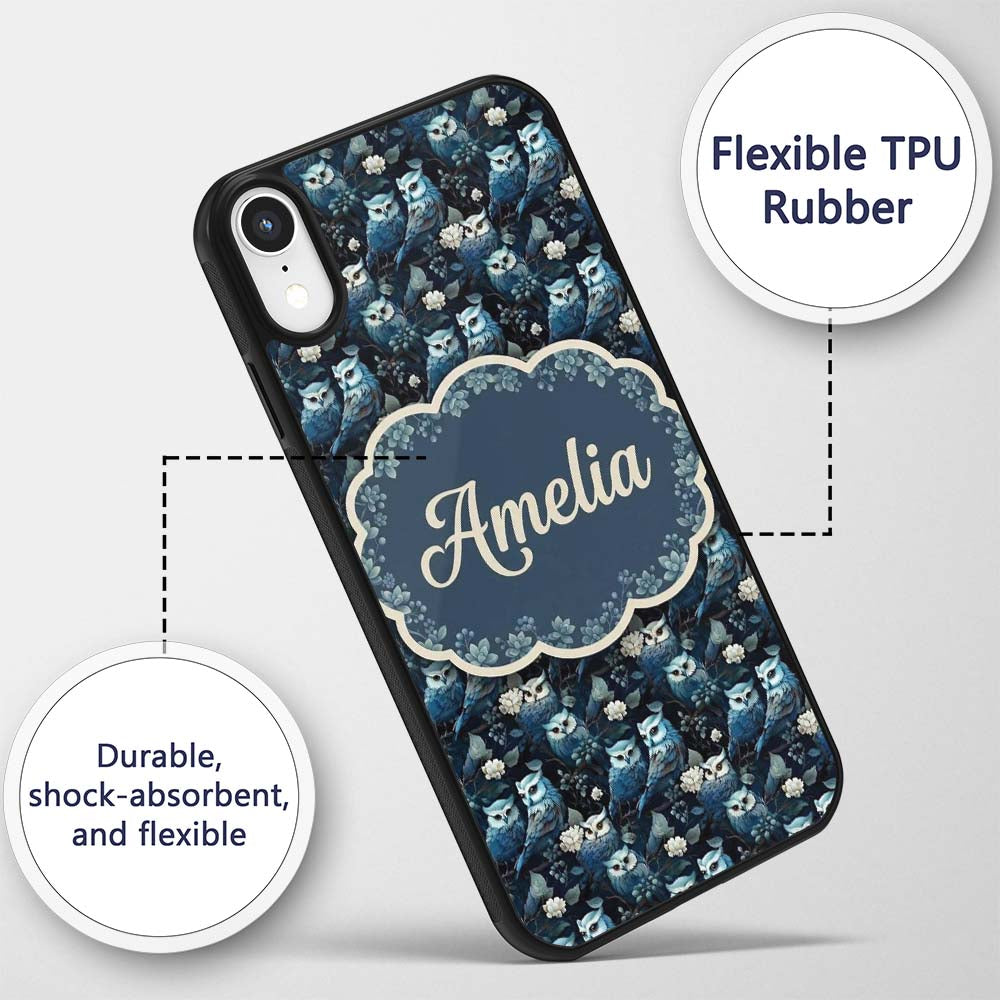 Majestic Blue Owl Birds with Decorative Design Custom Name Protective Phone Case Mobile Cover Durable Everyday Smartphone Shock Resistant