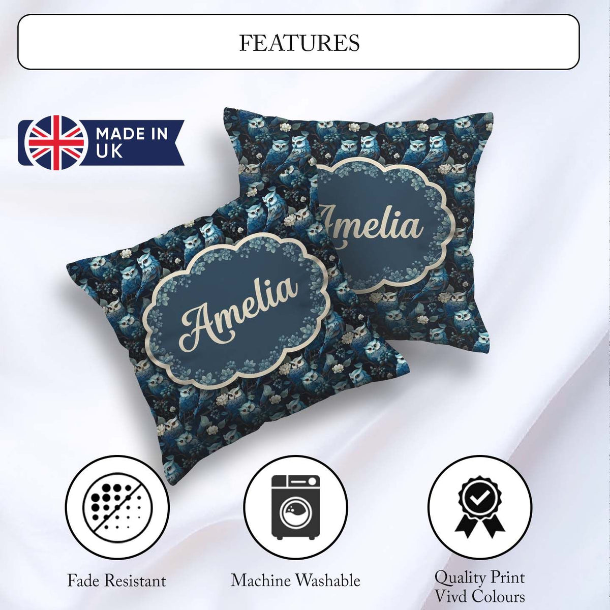 Custom Name Majestic Blue Owl Birds with Floral Night Background Square Filled Cushion Throw Pillow Sofa Bed Home Decor Zip Washable UK Made