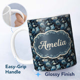 Personalized Custom Name Majestic Blue Owl Birds with Floral Night Background Seamless 11oz Ceramic Coffee Tea Mug White Large Handle