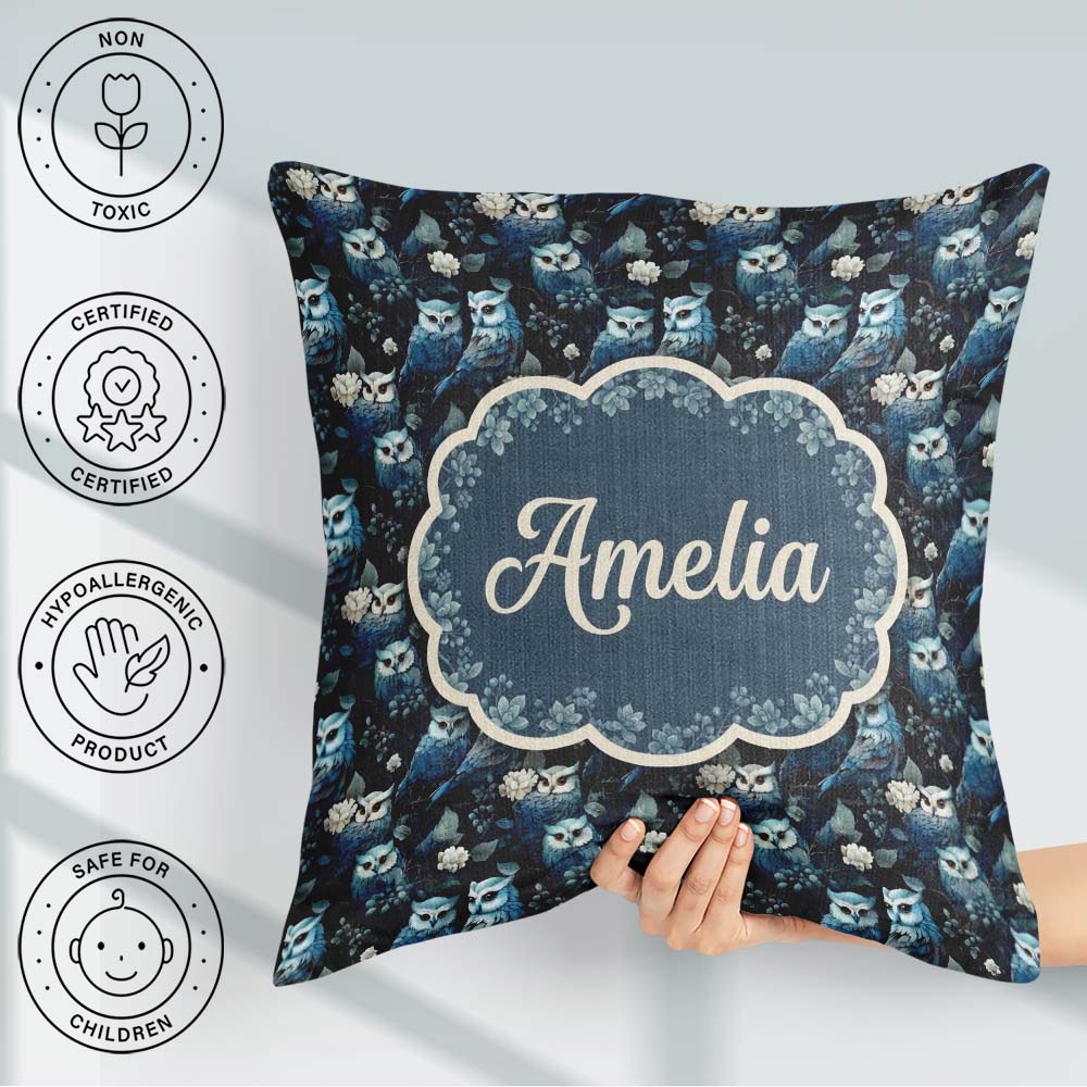 Custom Name Majestic Blue Owl Birds with Floral Night Background Square Filled Cushion Throw Pillow Sofa Bed Home Decor Zip Washable UK Made
