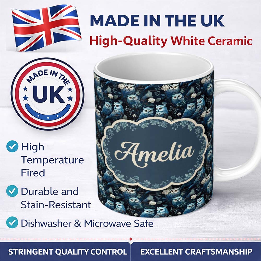 Personalized Custom Name Majestic Blue Owl Birds with Floral Night Background Seamless 11oz Ceramic Coffee Tea Mug White Large Handle