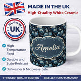 Personalized Custom Name Majestic Blue Owl Birds with Floral Night Background Seamless 11oz Ceramic Coffee Tea Mug White Large Handle