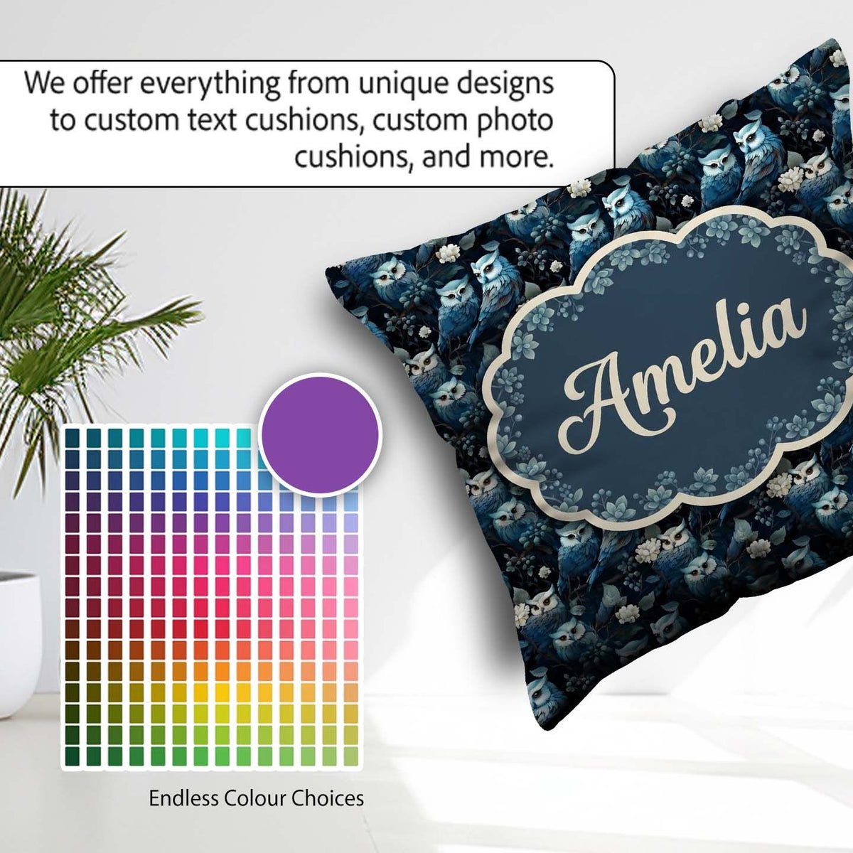 Custom Name Majestic Blue Owl Birds with Floral Night Background Square Filled Cushion Throw Pillow Sofa Bed Home Decor Zip Washable UK Made