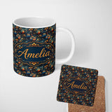 Personalized Custom Name Colorful Autumn Owl Birds with Leaves Night Background Seamless 11oz Ceramic Coffee Tea Mug White Large Handle