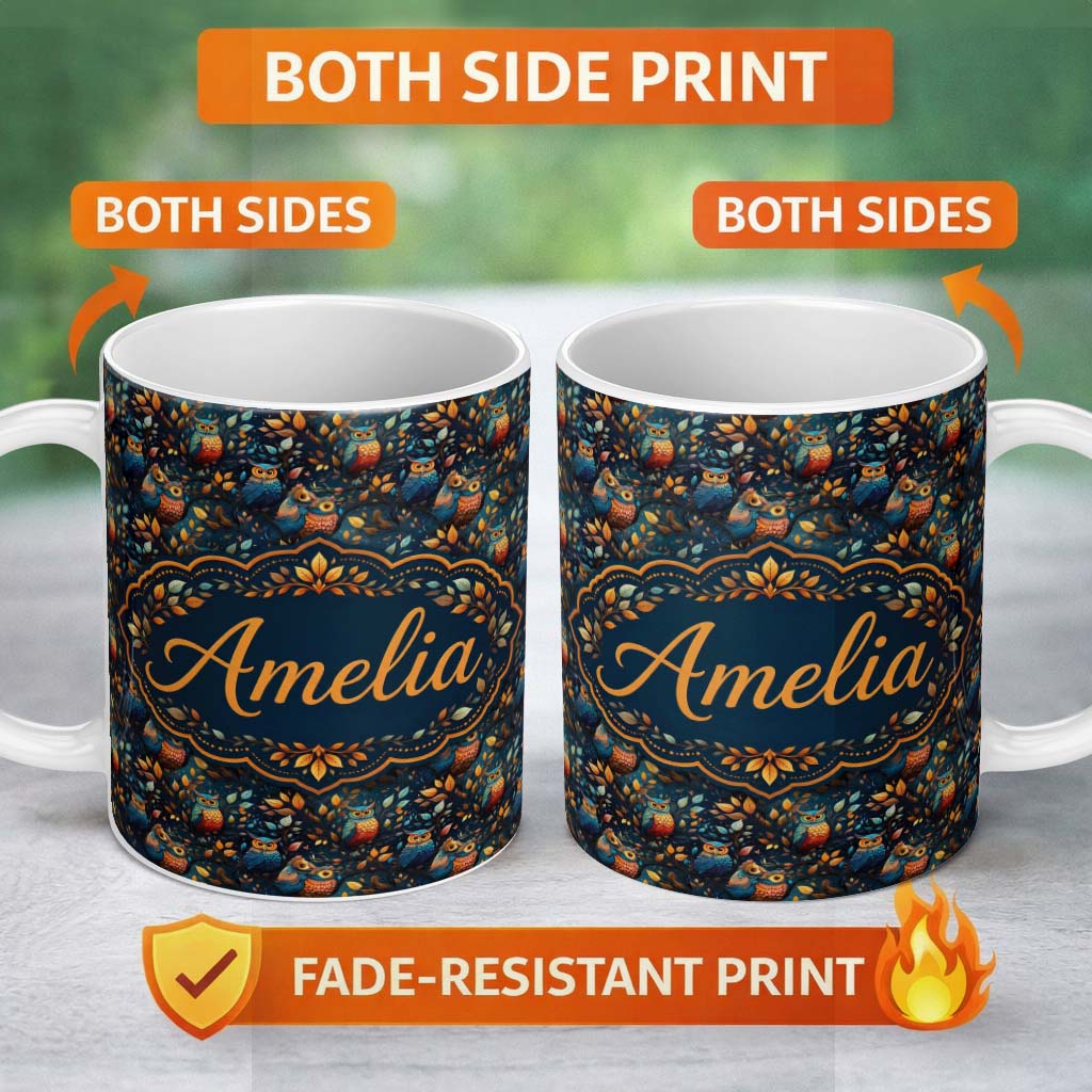 Personalized Custom Name Colorful Autumn Owl Birds with Leaves Night Background Seamless 11oz Ceramic Coffee Tea Mug White Large Handle