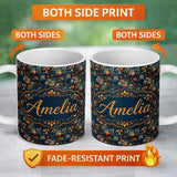 Personalized Custom Name Colorful Autumn Owl Birds with Leaves Night Background Seamless 11oz Ceramic Coffee Tea Mug White Large Handle