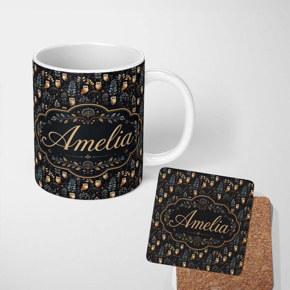 Personalized Custom Name Cute Woodland Owl Birds with Botanical Night Background Seamless 11oz Ceramic Coffee Tea Mug White Large Handle