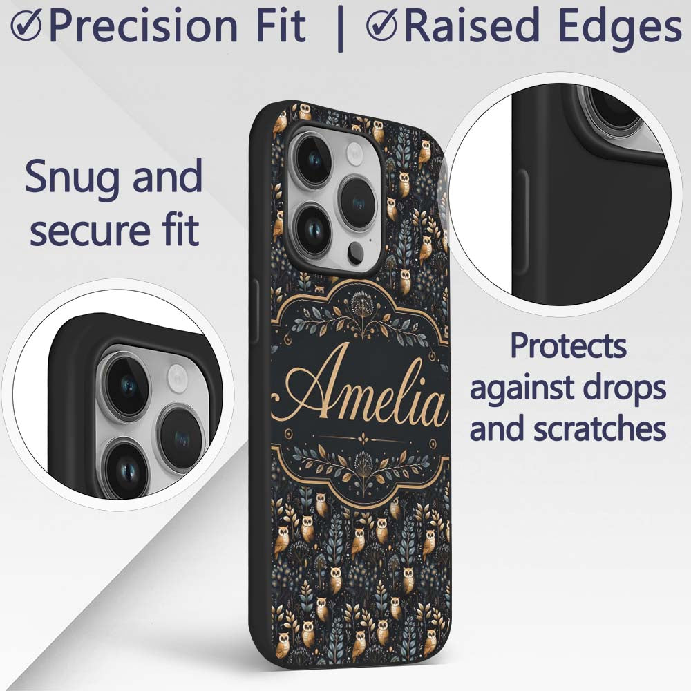 Cute Woodland Owl Birds with Botanical Night Custom Name Protective Phone Case Mobile Cover Durable Everyday Smartphone Shock Resistant