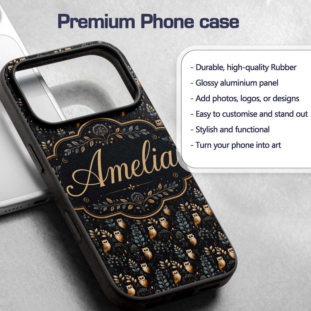 Cute Woodland Owl Birds with Botanical Night Custom Name Protective Phone Case Mobile Cover Durable Everyday Smartphone Shock Resistant