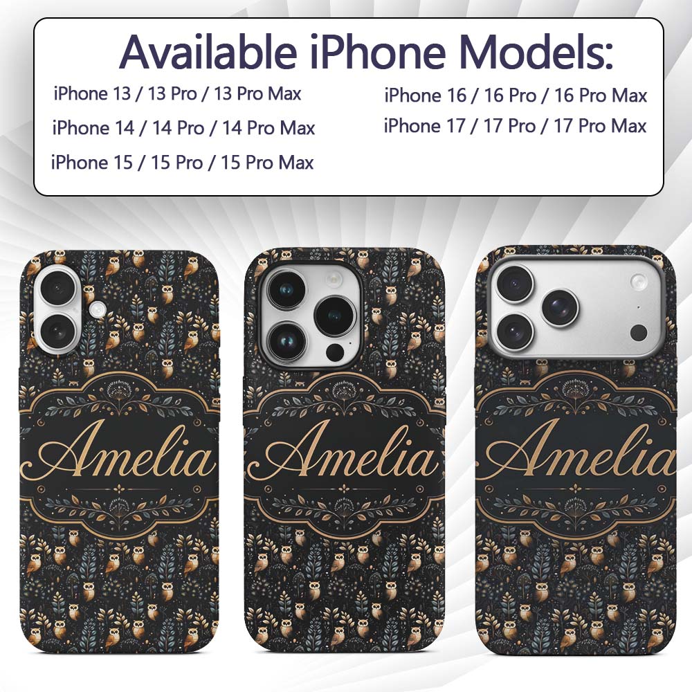 Cute Woodland Owl Birds with Botanical Night Custom Name Protective Phone Case Mobile Cover Durable Everyday Smartphone Shock Resistant