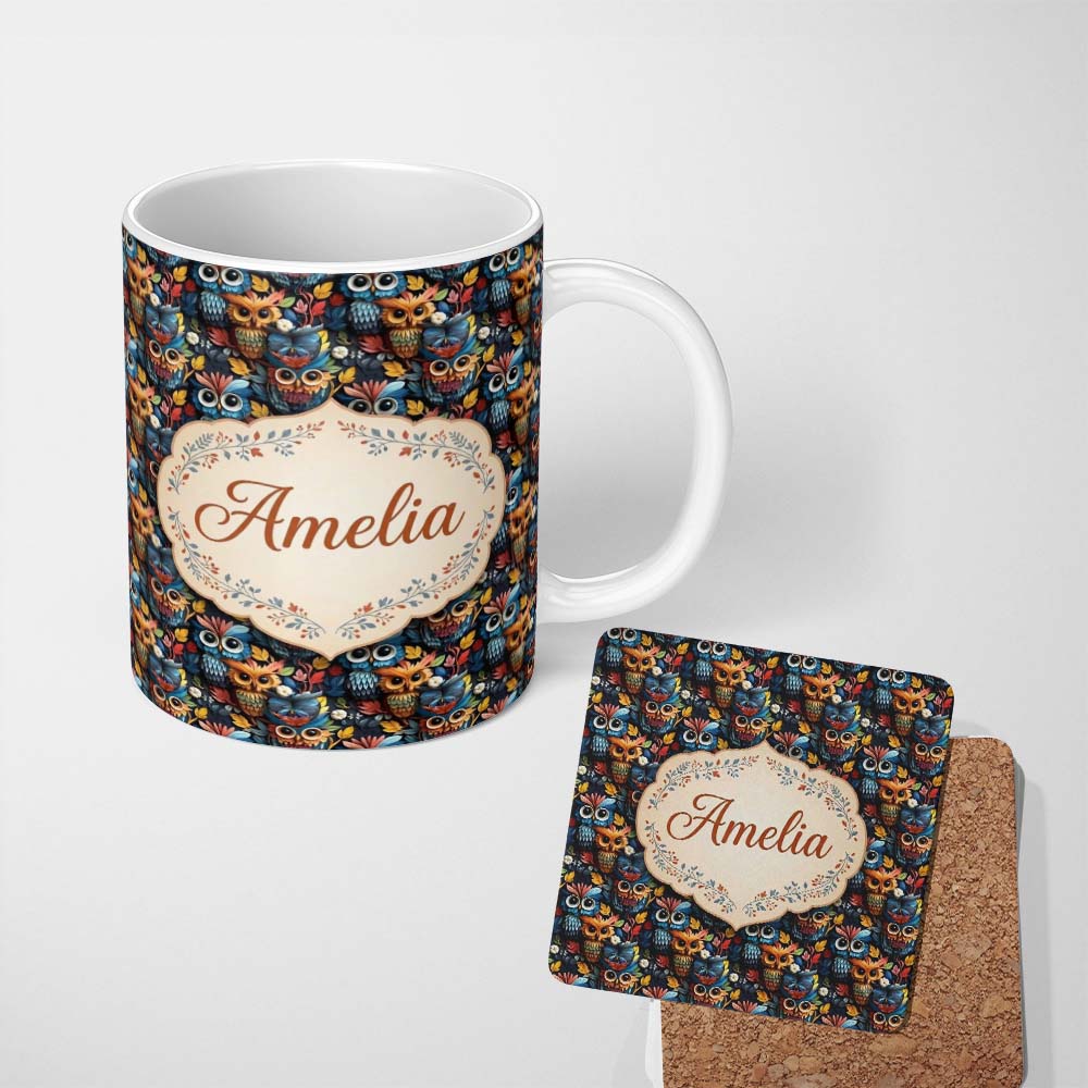 Personalized Custom Name Colorful Cute Owl Birds with Autumn Leaves Dark Background Seamless 11oz Ceramic Coffee Tea Mug White Large Handle