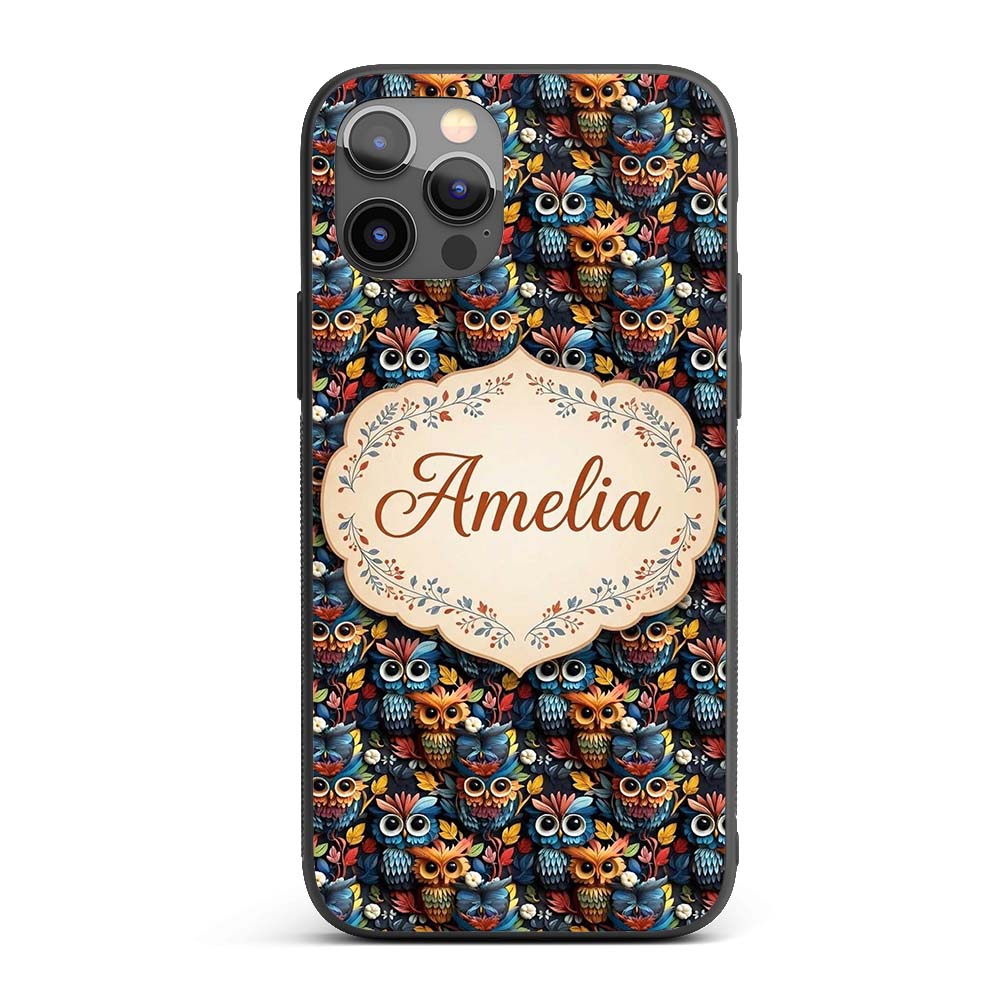Colorful Cute Owl Birds with Autumn Leaves Dark Custom Name Protective Phone Case Mobile Cover Durable Everyday Smartphone Shock Resistant