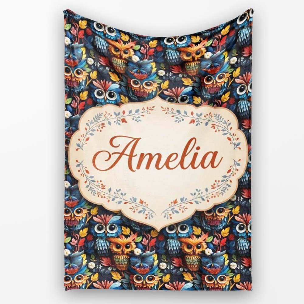 Colorful Cute Owl Birds with Autumn Leaves Dark Background Seamless  Personalised Custom Name Super Soft Fleece Blanket Bed Sofa Throw