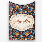 Colorful Cute Owl Birds with Autumn Leaves Dark Background Seamless  Personalised Custom Name Super Soft Fleece Blanket Bed Sofa Throw