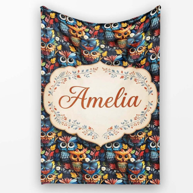 Colorful Cute Owl Birds with Autumn Leaves Dark Background Seamless  Personalised Custom Name Super Soft Fleece Blanket Bed Sofa Throw