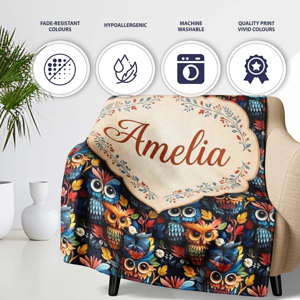 Colorful Cute Owl Birds with Autumn Leaves Dark Background Seamless  Personalised Custom Name Super Soft Fleece Blanket Bed Sofa Throw