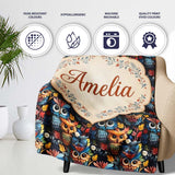 Colorful Cute Owl Birds with Autumn Leaves Dark Background Seamless  Personalised Custom Name Super Soft Fleece Blanket Bed Sofa Throw