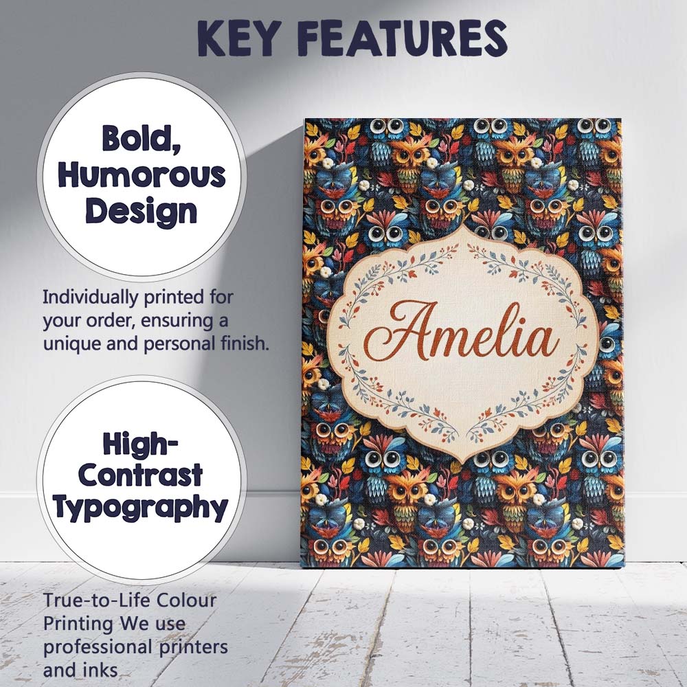 Personalised Name Colorful Cute Owl Birds Custom  Unique Gift Idea Elegant Feature Canvas Wall Art Print Decor Picture Ready to Hang