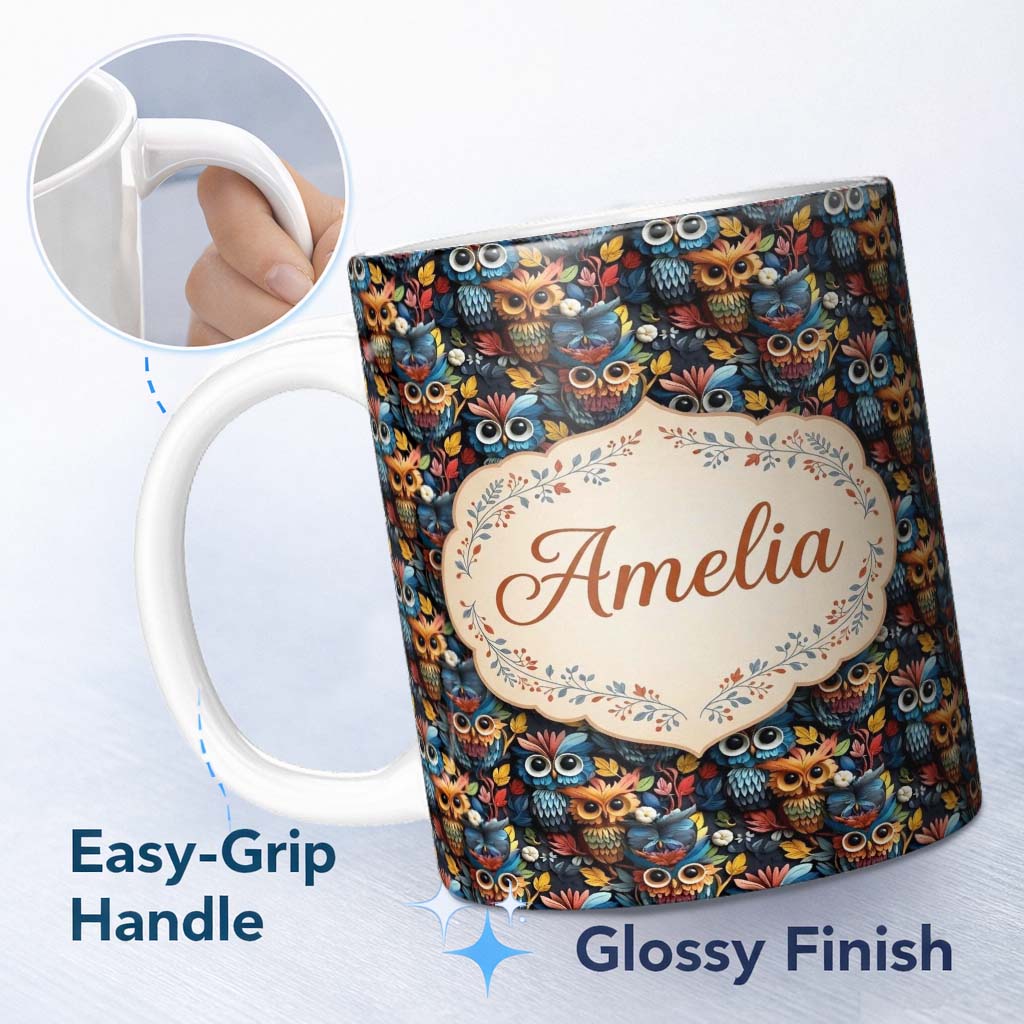 Personalized Custom Name Colorful Cute Owl Birds with Autumn Leaves Dark Background Seamless 11oz Ceramic Coffee Tea Mug White Large Handle