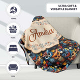 Colorful Cute Owl Birds with Autumn Leaves Dark Background Seamless  Personalised Custom Name Super Soft Fleece Blanket Bed Sofa Throw