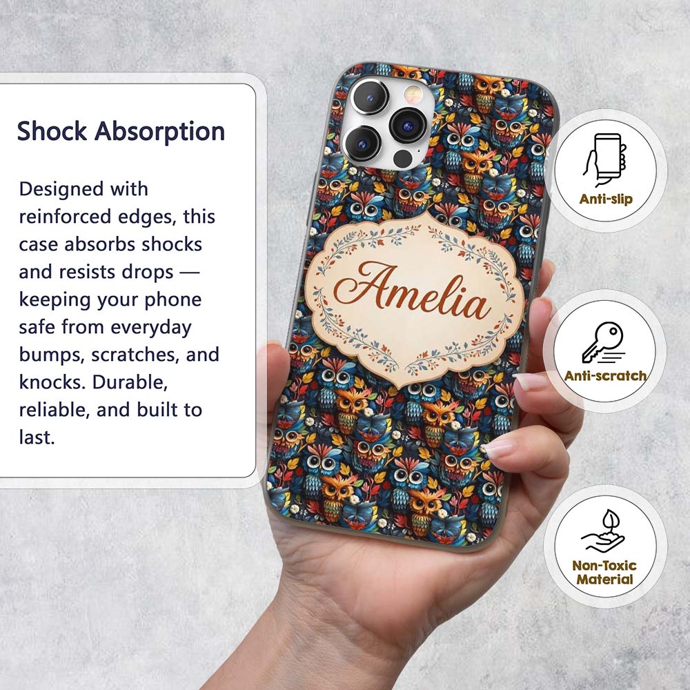 Colorful Cute Owl Birds with Autumn Leaves Dark Custom Name Protective Phone Case Mobile Cover Durable Everyday Smartphone Shock Resistant