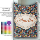 Colorful Cute Owl Birds with Autumn Leaves Dark Background Seamless  Personalised Custom Name Super Soft Fleece Blanket Bed Sofa Throw