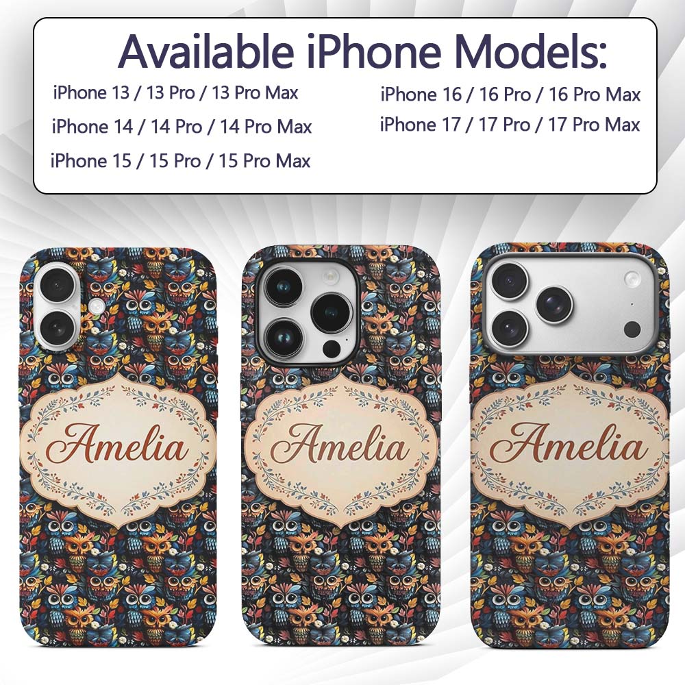 Colorful Cute Owl Birds with Autumn Leaves Dark Custom Name Protective Phone Case Mobile Cover Durable Everyday Smartphone Shock Resistant