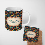 Personalized Custom Name Vibrant Owl Birds with Floral Garden Night Background Seamless 11oz Ceramic Coffee Tea Mug White Large Handle