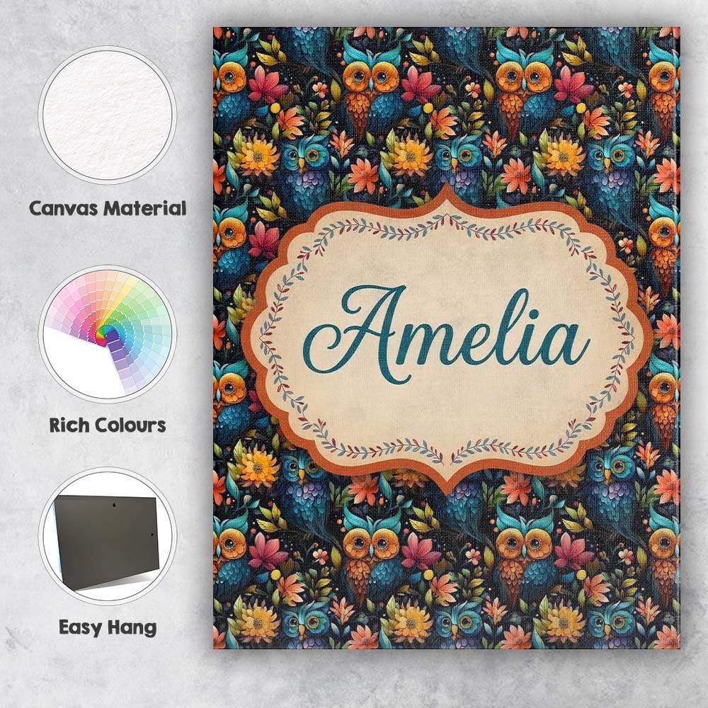 Personalised Name Vibrant Owl Birds with Custom  Unique Gift Idea Elegant Feature Canvas Wall Art Print Decor Picture Ready to Hang