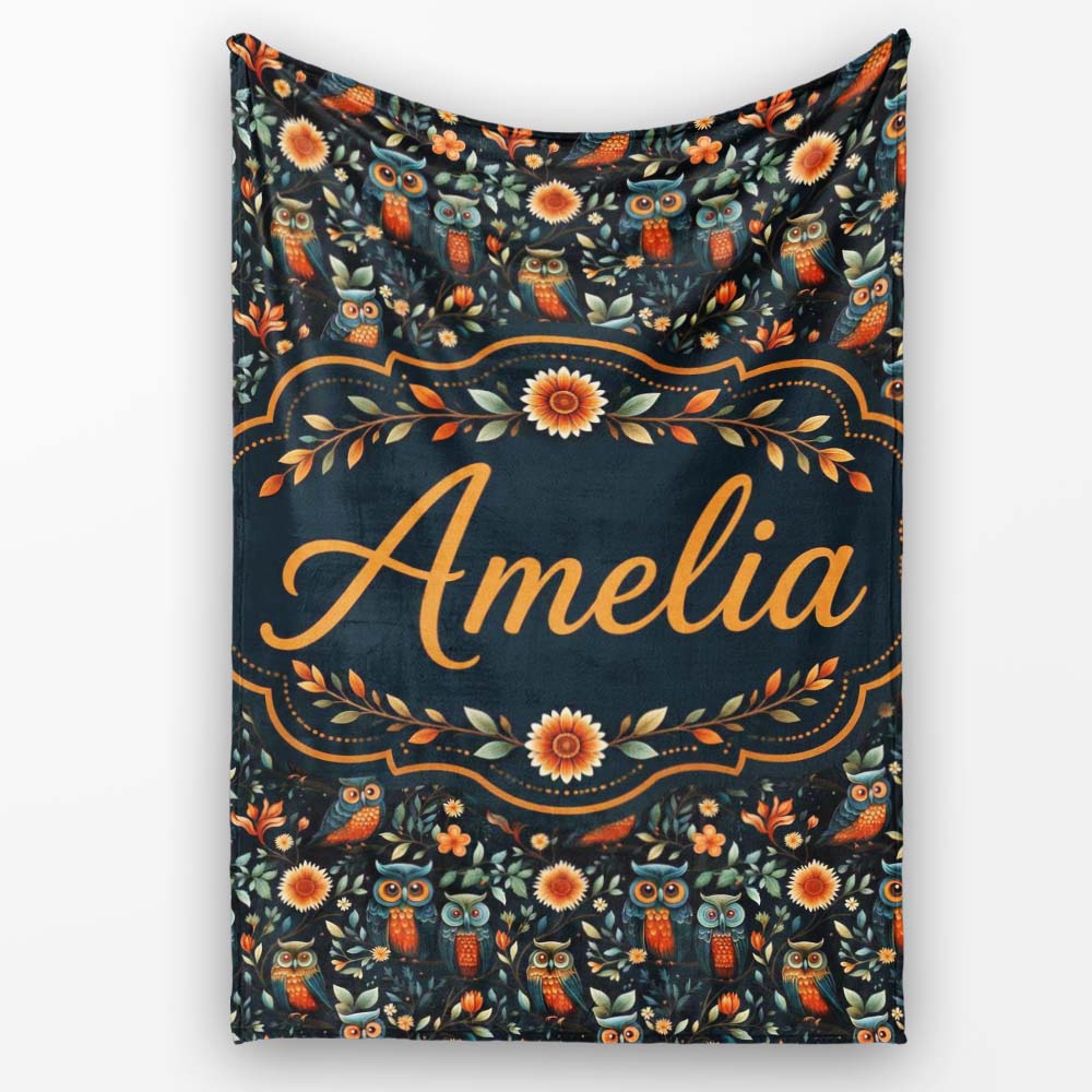 Elegant Owl Birds with Orange Flowers Dark Botanical Seamless  Personalised Custom Name Super Soft Fleece Blanket Bed Sofa Throw